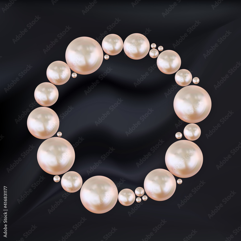 Abstract circle frame of pink pearls on silk black background. Vector Illustration