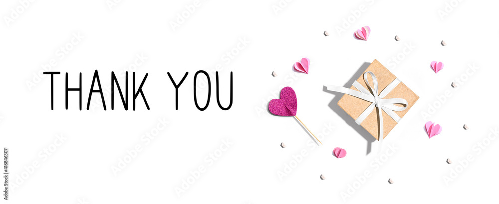 Thank you message with a small gift box and paper hearts