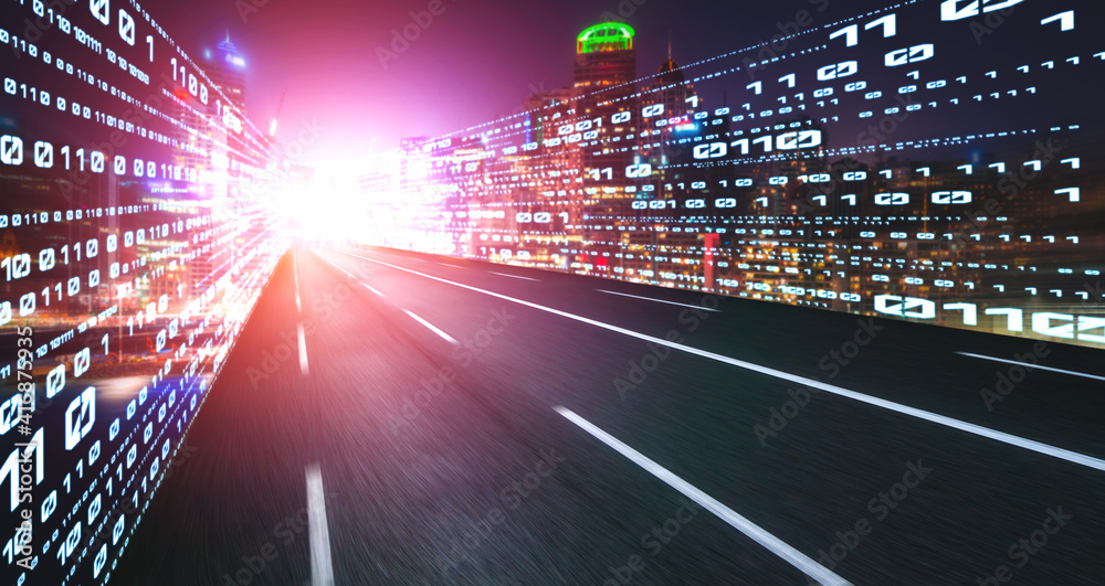 Digital data flow on road with motion blur to create vision of fast speed transfer . Concept of futu