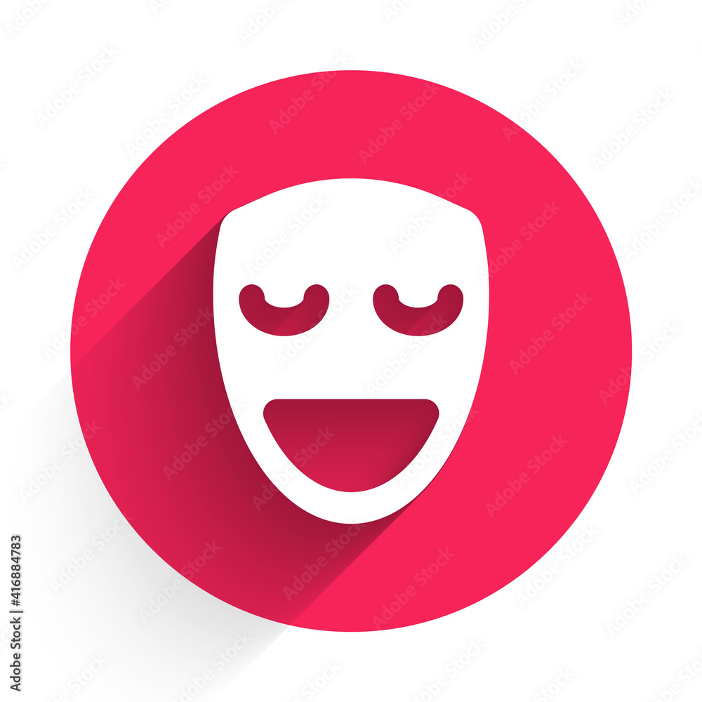 White Comedy theatrical mask icon isolated with long shadow. Red circle button. Vector.