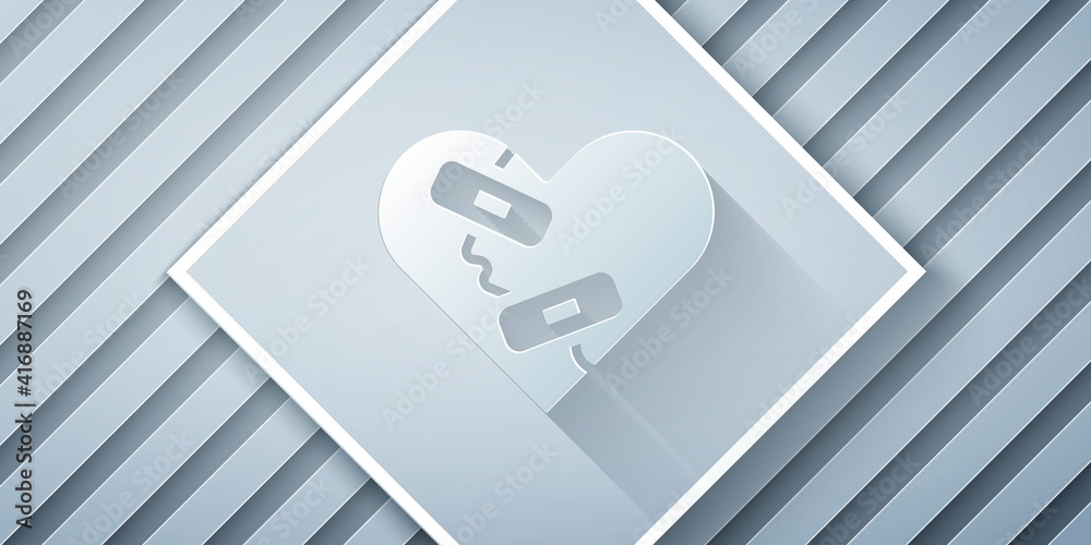 Paper cut Healed broken heart or divorce icon isolated on grey background. Shattered and patched hea