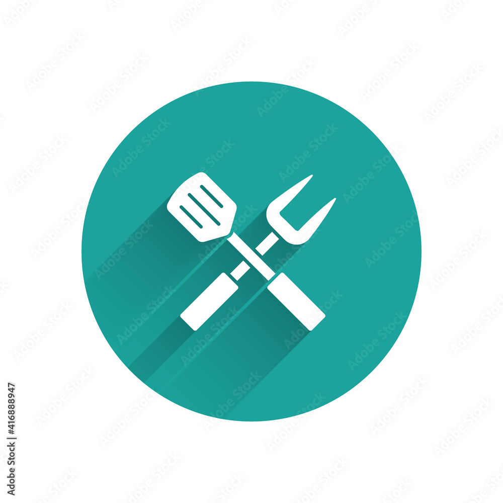 Paper cut Crossed fork and spatula icon isolated on blue background. BBQ fork and spatula sign. Barb