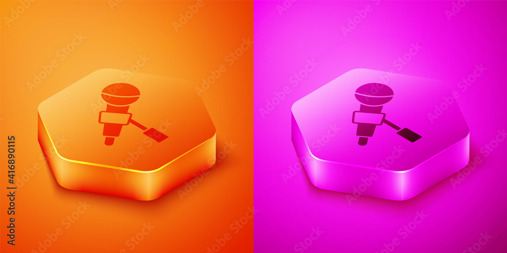 Isometric Microphone icon isolated on orange and pink background. On air radio mic microphone. Speak