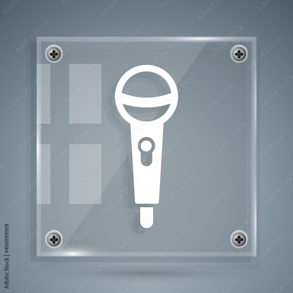 White Microphone icon isolated on grey background. On air radio mic microphone. Speaker sign. Square