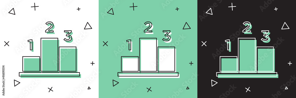 在白色和绿色、黑色背景上隔离的体育冠军领奖台图标上设置奖项。矢量。