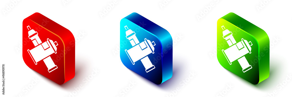 Isometric Paint spray can icon isolated on white background. Red, blue and green square button. Vect