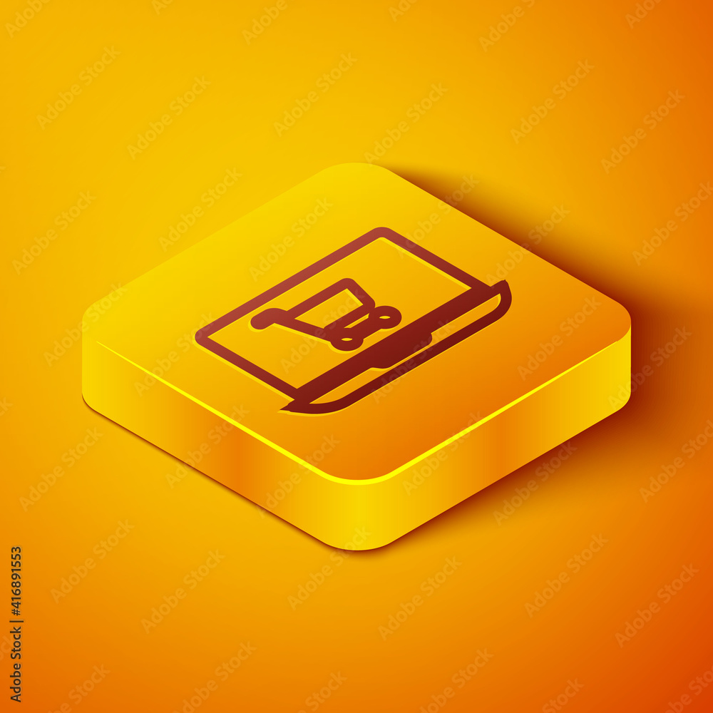 Isometric line Shopping cart on screen laptop icon isolated on orange background. Concept e-commerce