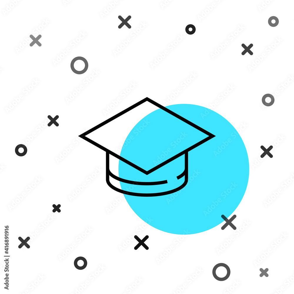 Black line Graduation cap icon isolated on white background. Graduation hat with tassel icon. Random