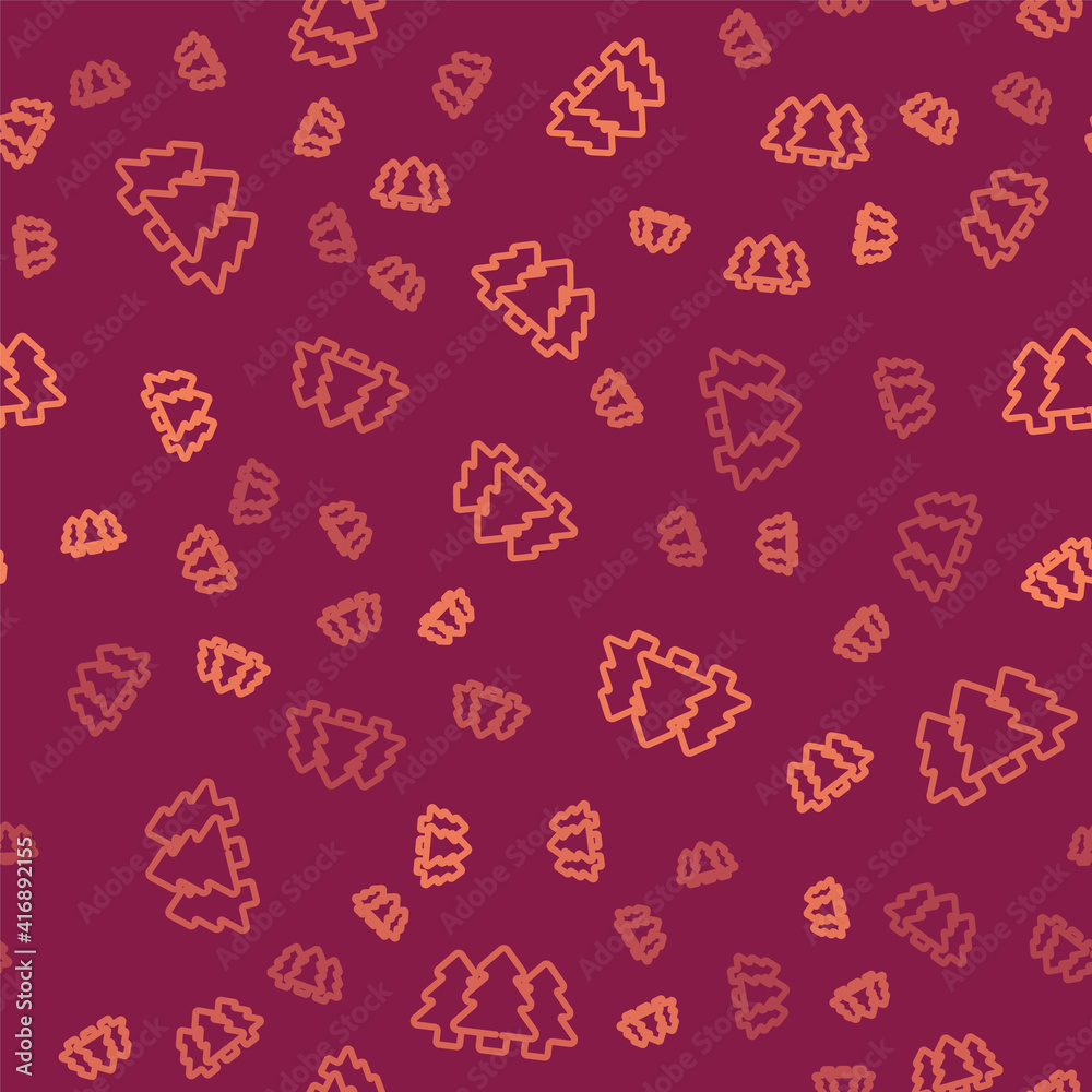 Brown line Trees icon isolated seamless pattern on red background. Forest symbol. Vector.