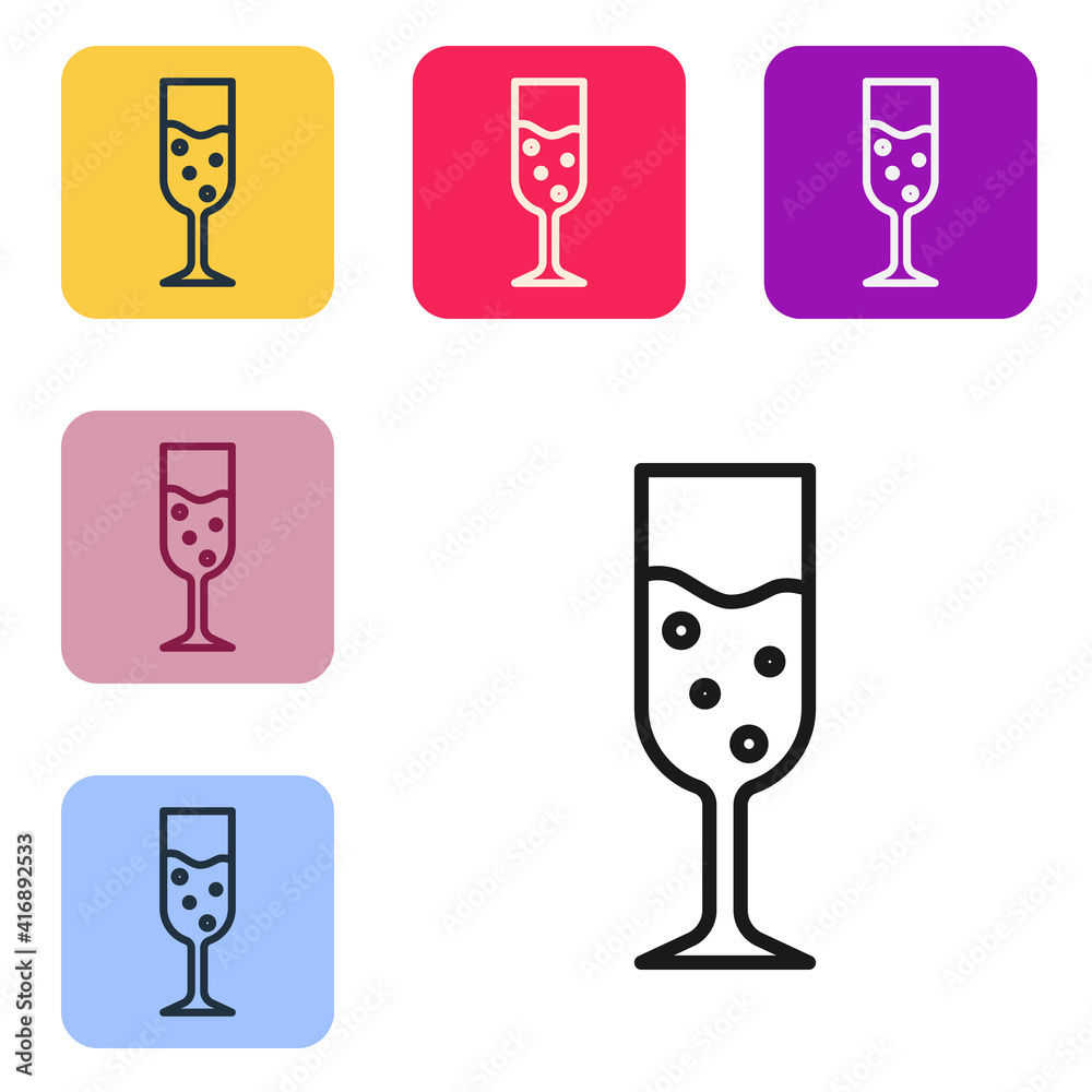 Black line Glass of champagne icon isolated on white background. Set icons in color square buttons. 