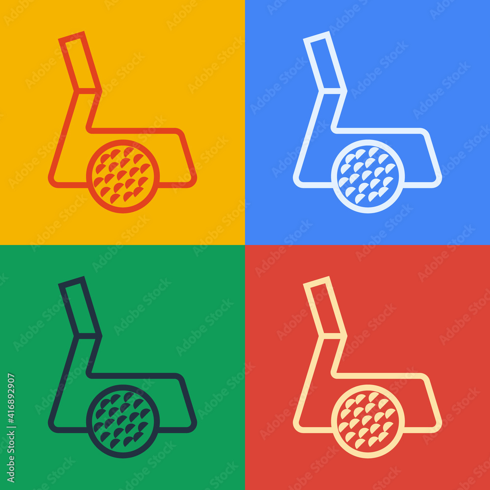 Pop art line Golf club with ball icon isolated on color background. Vector.