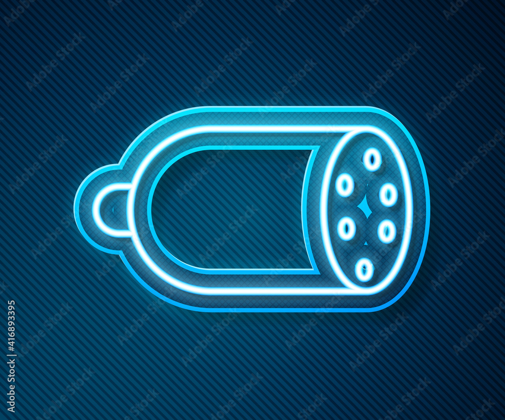 Glowing neon line Salami sausage icon isolated on blue background. Meat delicatessen product. Vector