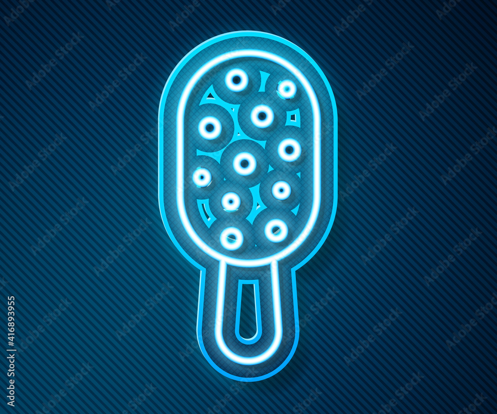 Glowing neon line Ice cream on stick icon isolated on blue background. Sweet symbol. Vector.