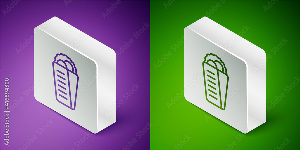 Isometric line Gyros Pita Greek fast food traditional cuisine icon isolated on purple and green back