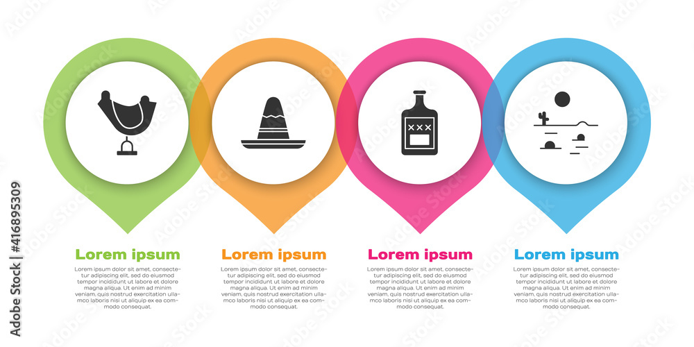 设置狂野西部马鞍、墨西哥宽边帽、威士忌酒瓶和仙人掌沙漠景观。Busines