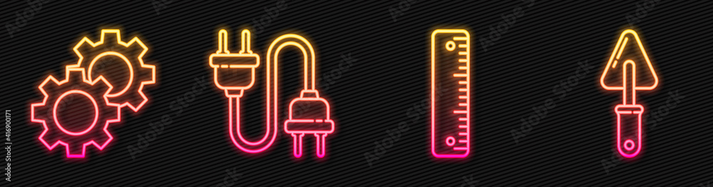 Set line Ruler, Gear, Electric plug and Trowel. Glowing neon icon. Vector.