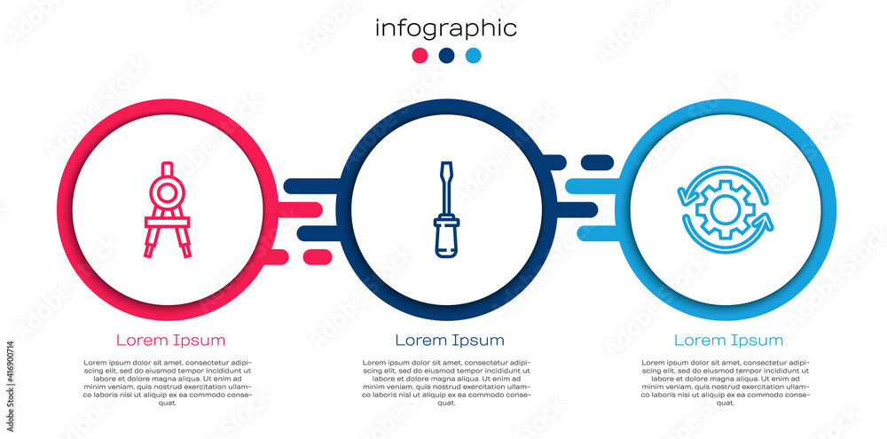 设定线条绘制指南针、螺丝刀、齿轮和箭头工作流程。商业信息图模板.V