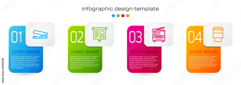 Set line Office stapler, Chalkboard with diagram, Printer and Coffee cup to go. Business infographic