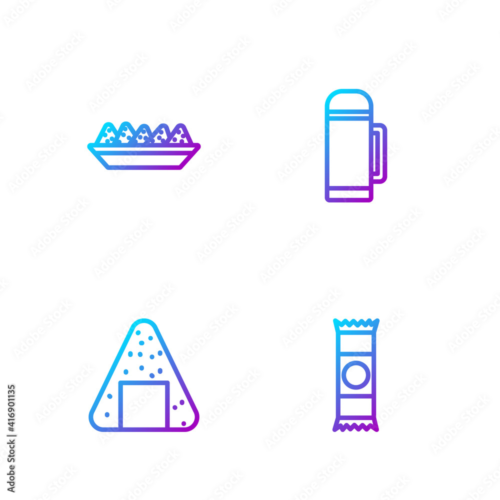 Set line Chocolate bar, Onigiri, Nachos in plate and Thermos container. Gradient color icons. Vector