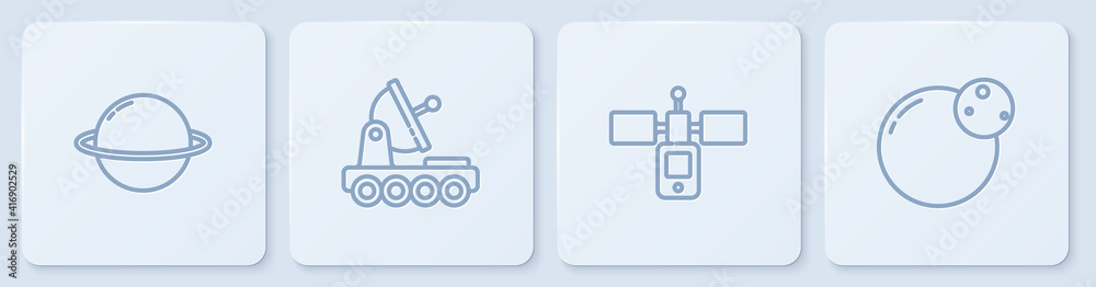 设定行星土星、卫星、火星车和。白色方形按钮。矢量。