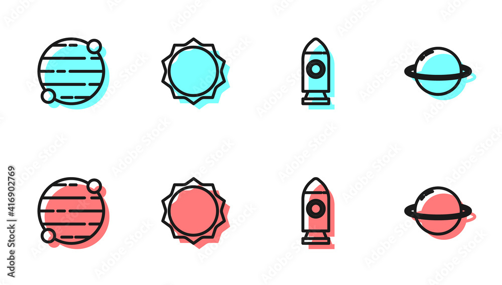 设定火箭飞船、行星、太阳和土星图标。矢量。