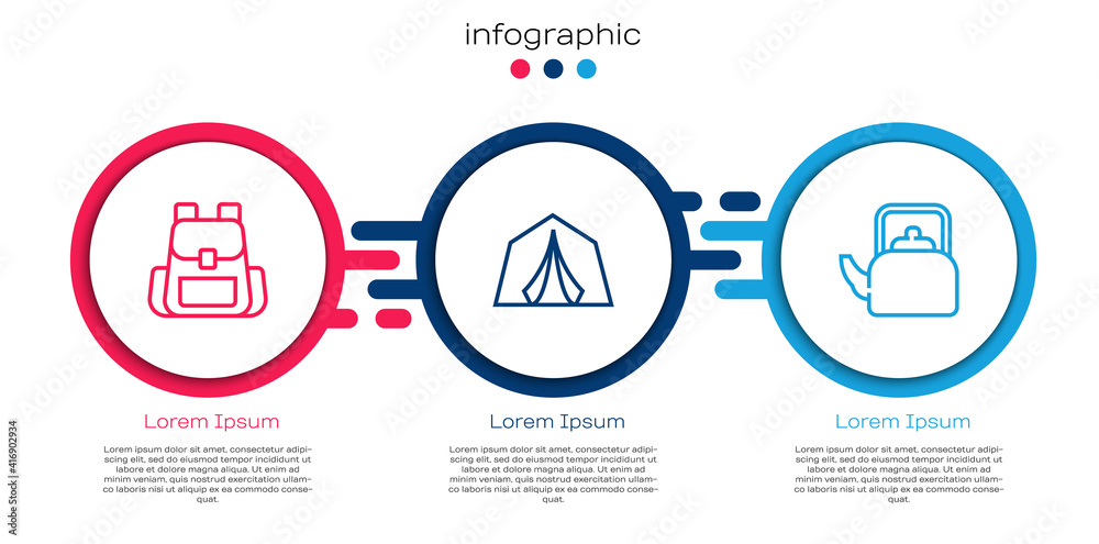 带把手的登山背包、旅游帐篷和水壶。商业信息图模板。Vector