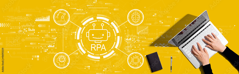 Robotic Process Automation RPA theme with person working with a laptop