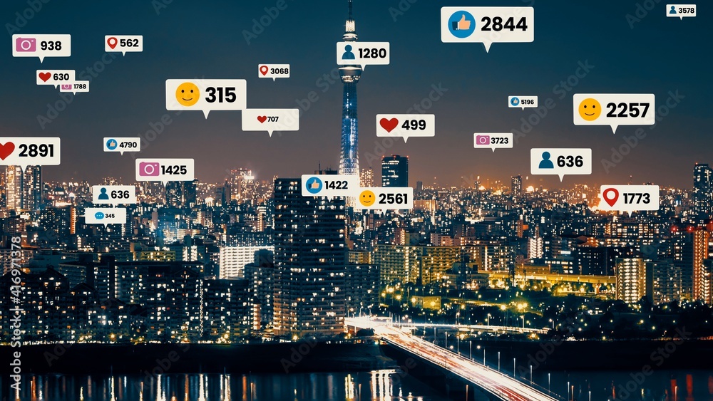 Social media icons fly over city downtown showing people engagement connection through social networ