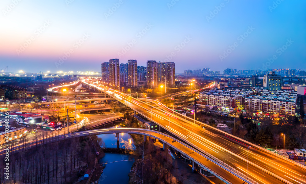 航拍青岛城市立交桥夜景