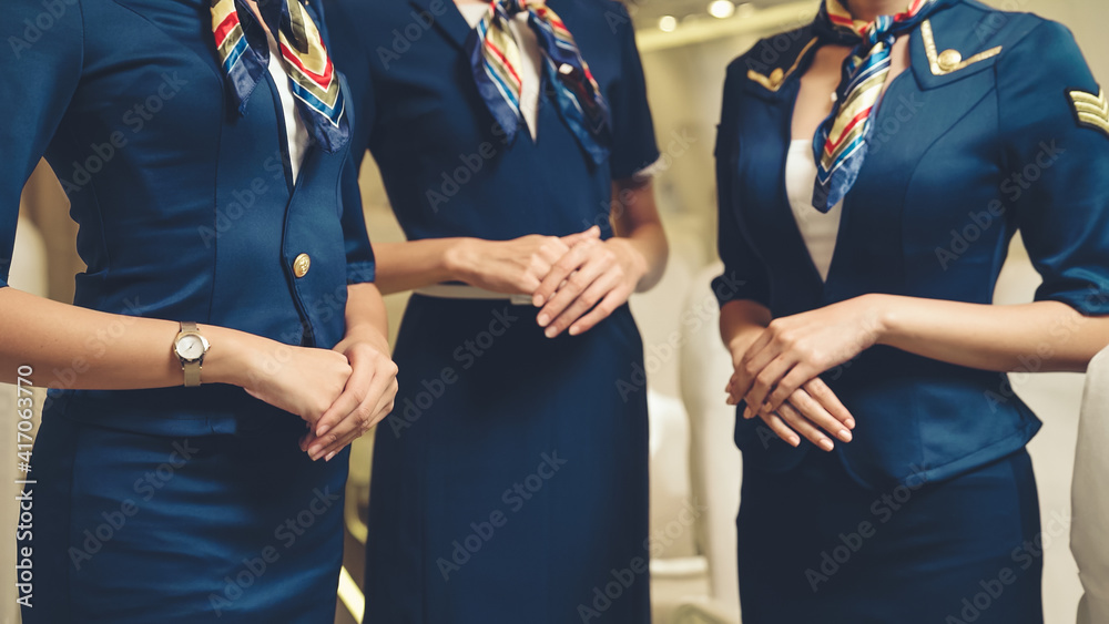 Group of cabin crew or air hostess in airplane . Airline transportation and tourism concept.