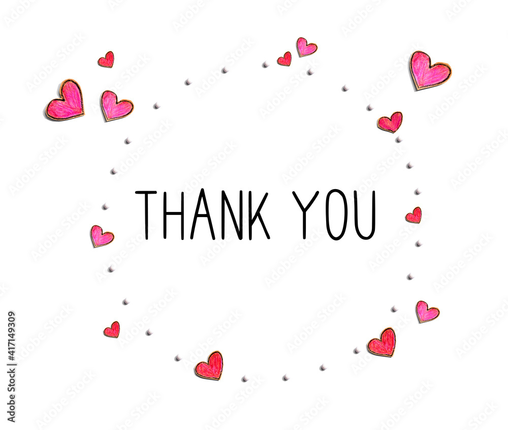 Thank you message with hand draw hearts - flat lay