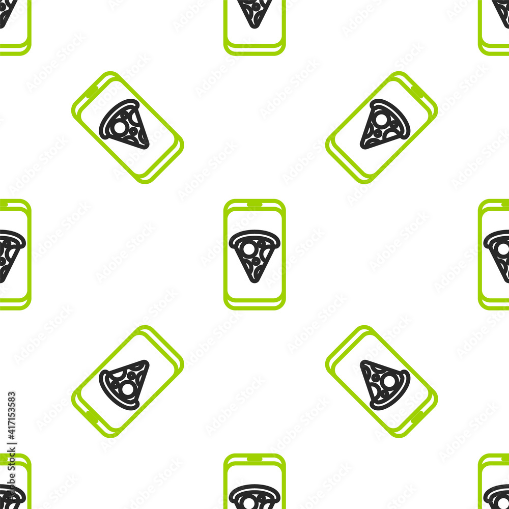 Line Food ordering pizza icon isolated seamless pattern on white background. Order by mobile phone. 