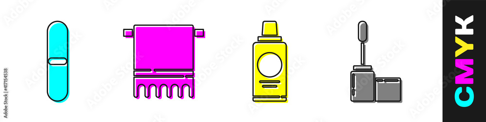 设置指甲锉、衣架上的毛巾、洗发水瓶和睫毛刷图标。矢量。