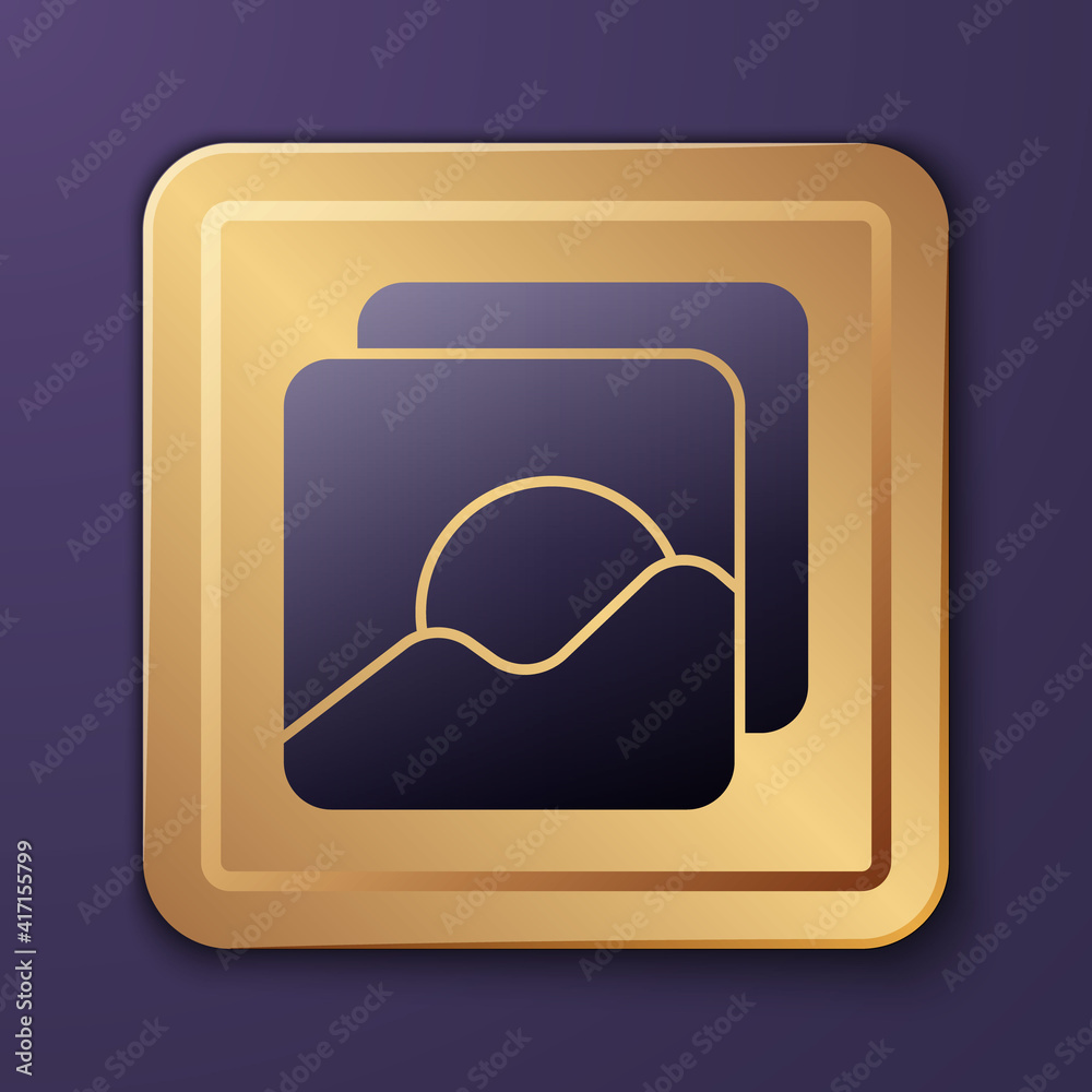 Purple Photo icon isolated on purple background. Gold square button. Vector Illustration.