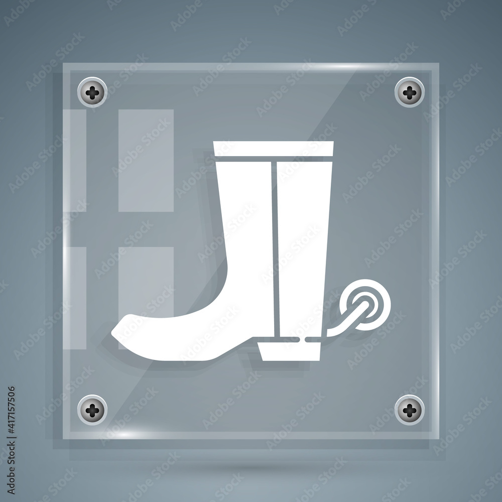 White Cowboy boot icon isolated on grey background. Square glass panels. Vector.