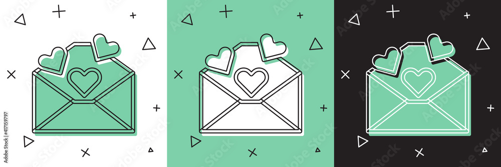 Set Envelope with Valentine heart icon isolated on white and green, black background. Message love. 