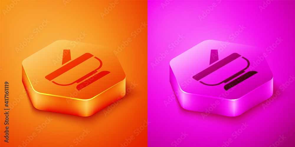 Isometric Mortar and pestle icon isolated on orange and pink background. Hexagon button. Vector.