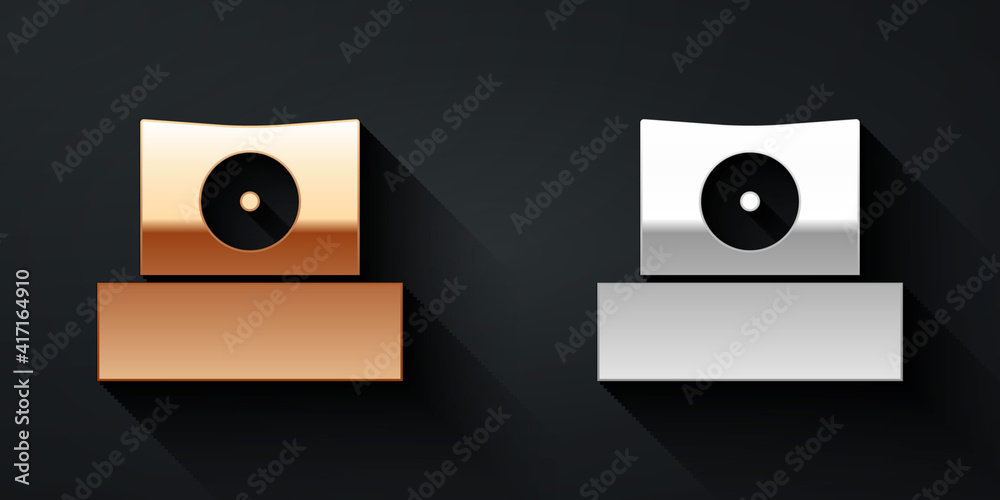 Gold and silver Spray can nozzle cap icon isolated on black background. Long shadow style. Vector.