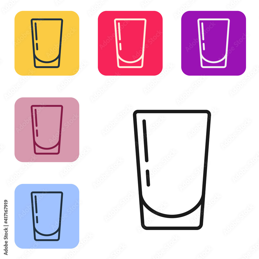 Black line Glass with water icon isolated on white background. Soda glass. Set icons in color square