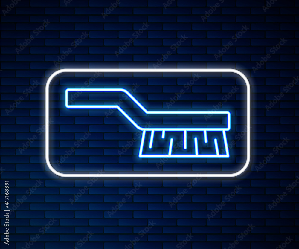 Glowing neon line Pool table brush icon isolated on brick wall background. Biliard table brush. Vect