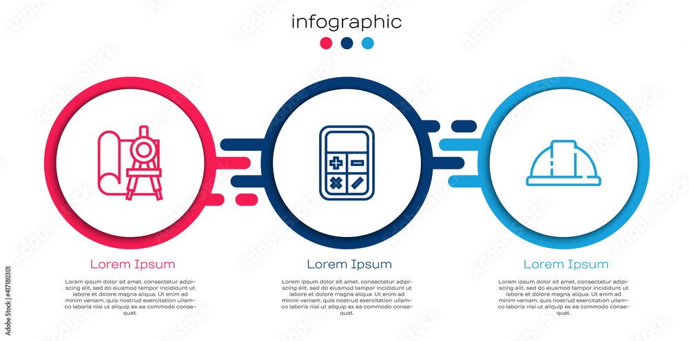 Set line Graphing paper and compass, Calculator and Worker safety helmet. Business infographic templ