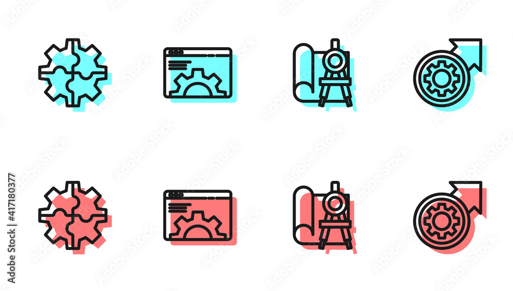 Set line Graphing paper and compass, Gear, Browser setting and arrows workflow process icon. Vector.