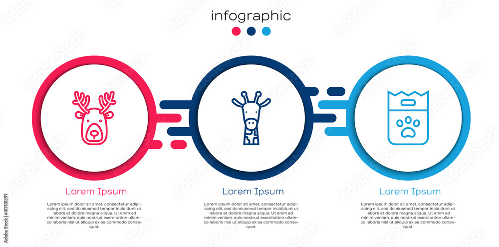 Set line Deer head with antlers, Giraffe and Bag of food. Business infographic template. Vector.