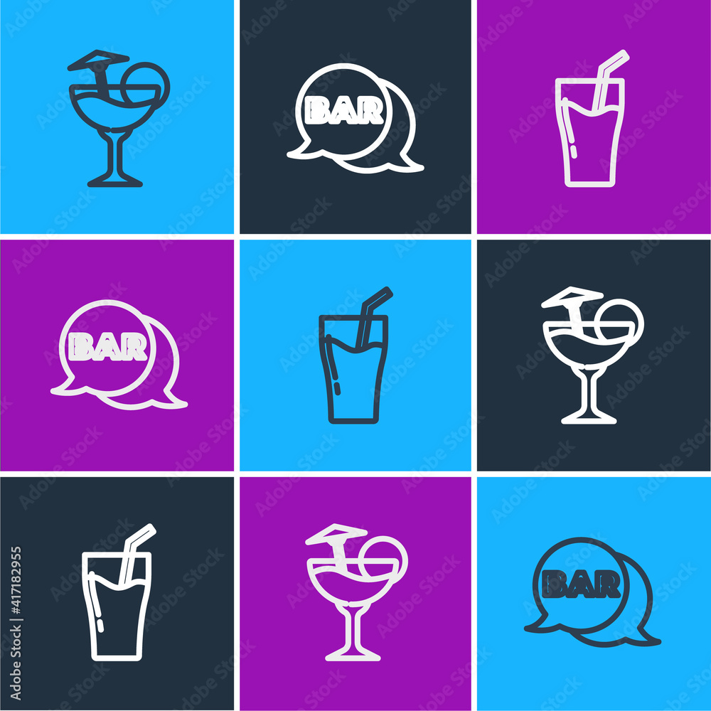 Set line Cocktail, Glass of juice and Street signboard with Bar icon. Vector.