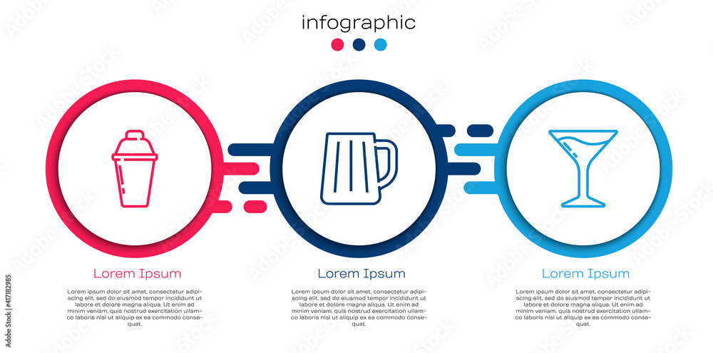 Set line Cocktail shaker, Wooden beer mug and Martini glass. Business infographic template. Vector.