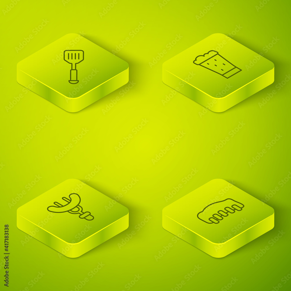 Set Isometric line Glass of beer, Sausage on the fork, Grilled pork bbq ribs and Spatula icon. Vecto