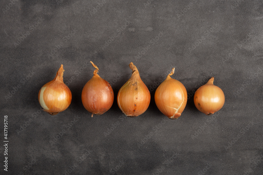 Fresh organiс onions on grey concrete background. Vegetables. Healthy food concept