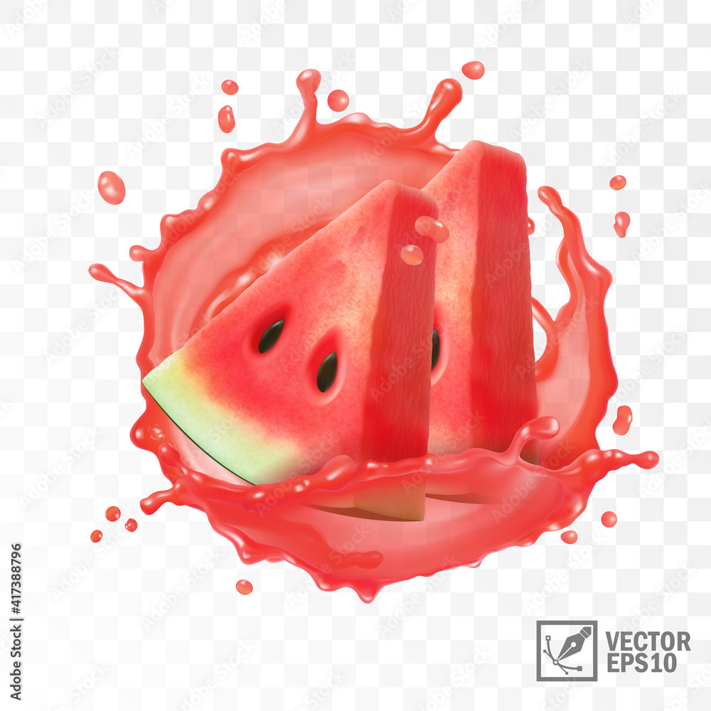 3d realistic transparent isolated vector, slice of watermelon in a splash of juice with drops