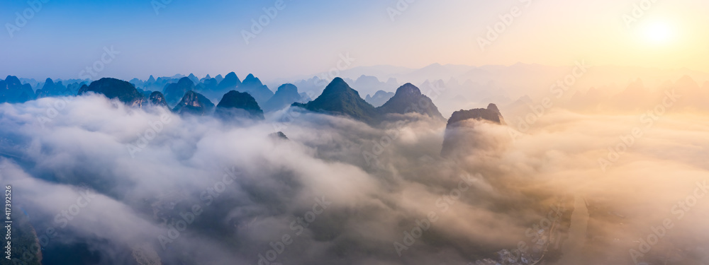 Guilin,Guangxi,China karst mountains on the Li River.Aerial view.