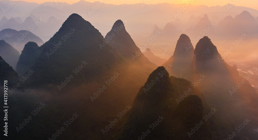 Guilin,Guangxi,China karst mountains on the Li River.Aerial view.